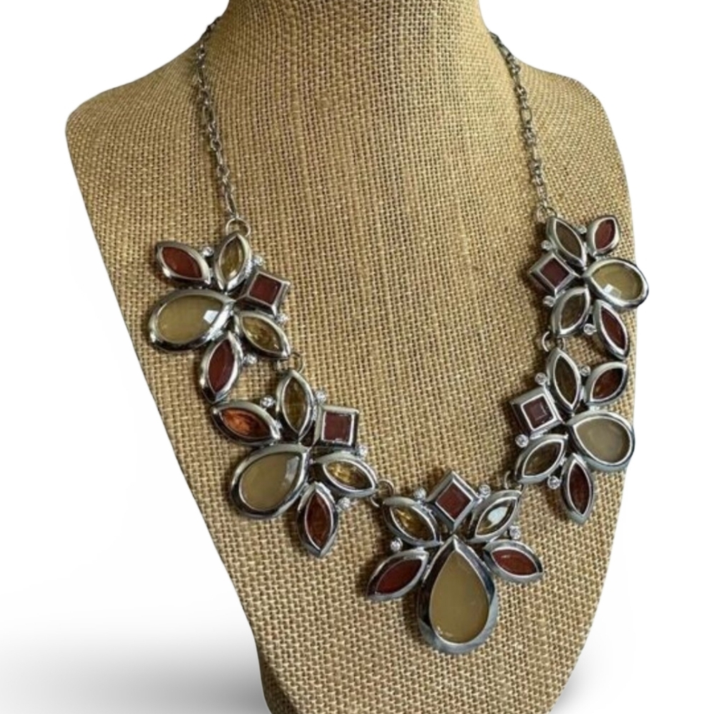 White House Black Market Statement Necklace Silver Tone Amber Yellow Brown Flora